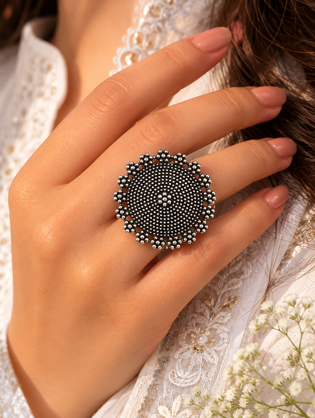 A close-up view of a woman's hand showcasing an oversized, round oxidized silver statement ring completely covered with dense, tiny metallic beads known as rava work, finished with a decorative scalloped edge and styled with a white embroidered outfit.