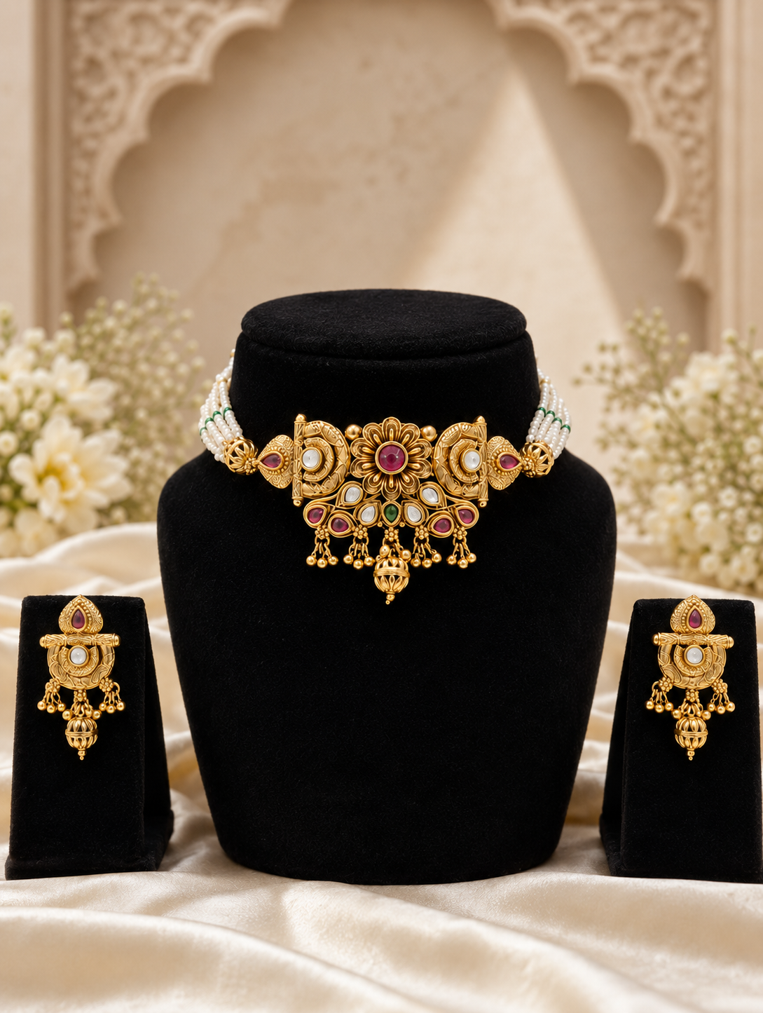 A traditional Indian antique gold choker necklace and matching drop earrings displayed on black velvet stands. The choker features multiple strands of small white pearls attached to a central, detailed gold plaque accented with kundan and ruby stones, finished with small dangling gold beads.