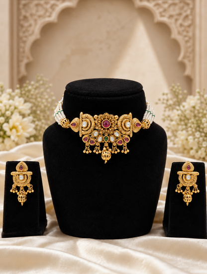 A traditional Indian antique gold choker necklace and matching drop earrings displayed on black velvet stands. The choker features multiple strands of small white pearls attached to a central, detailed gold plaque accented with kundan and ruby stones, finished with small dangling gold beads.