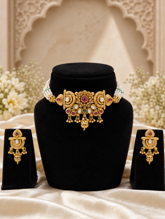 A traditional Indian antique gold choker necklace and matching drop earrings displayed on black velvet stands. The choker features multiple strands of small white pearls attached to a central, detailed gold plaque accented with kundan and ruby stones, finished with small dangling gold beads.