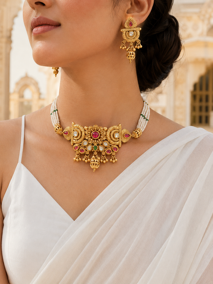 Woman wearing gold jewelry with a white saree in an outdoor setting