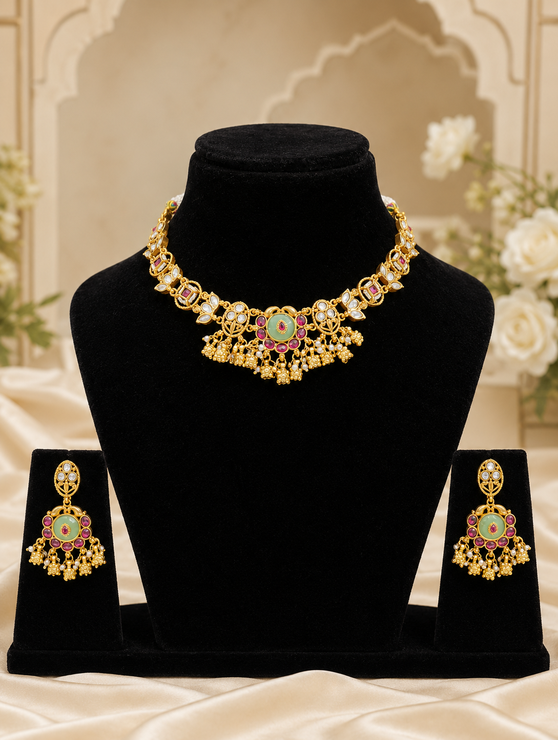 A traditional Indian antique gold choker necklace and matching drop earrings presented on black display stands. The jewelry features intricate gold metalwork inset with white stones, pink ruby accents, and a central round motif with a pastel mint-green enamel center, finished with tiny dangling gold beads and seed pearls.