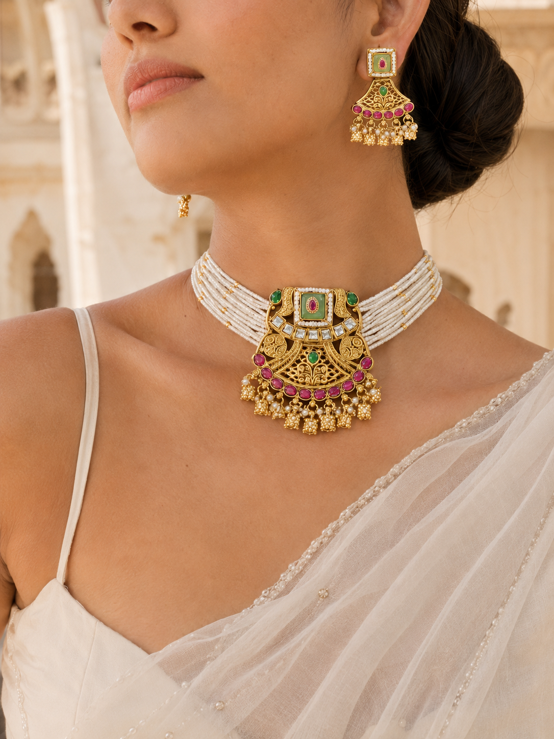 A close-up shot of a model wearing a multi-strand white seed pearl choker necklace featuring a large antique gold filigree pendant with a square light green center stone, ruby-pink accents, and dangling gold bead charms, paired with matching drop earrings and a white silk saree.