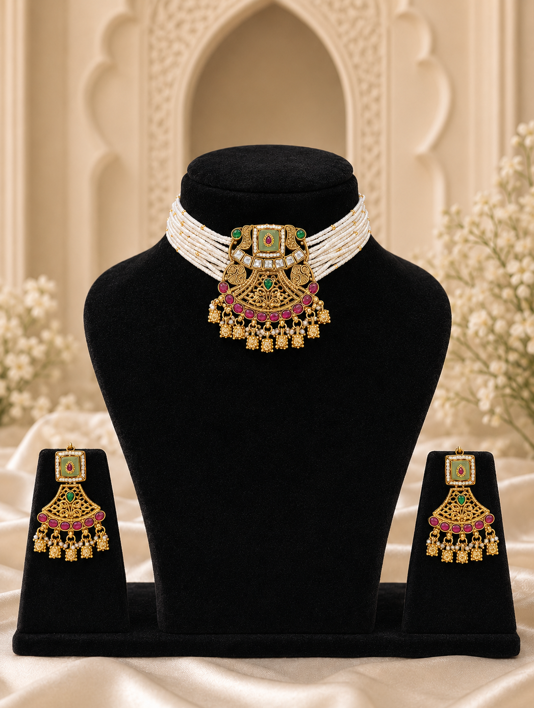 Pankaja traditional jewelry set highlighting a multi-strand white seed pearl choker necklace with a large antique gold filigree pendant containing a square light green center stone, ruby-pink details, and hanging gold bead charms, showcased on a black velvet bust with matching drop earrings.