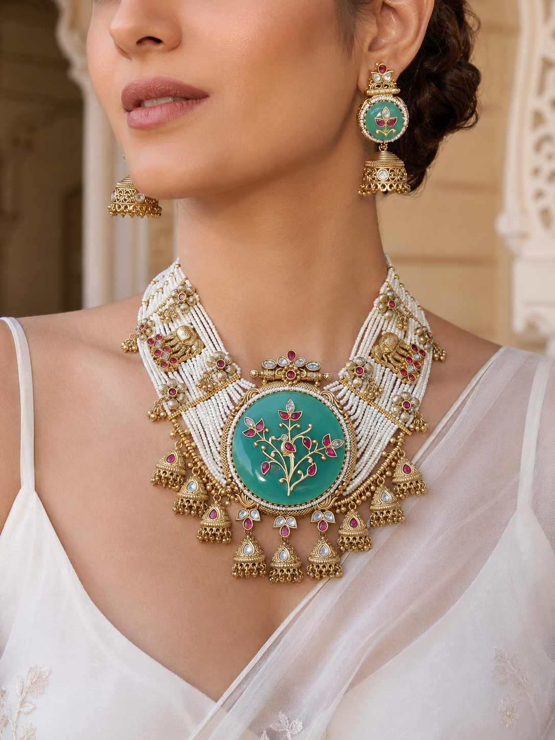 A model wearing the jewelry set featuring a wide, multi-strand white pearl choker necklace and matching jhumka earrings. The heavy antique gold necklace has embedded gold elephant accents and a prominent round sea-green enamel pendant with a pink floral branch motif, detailed with dangling miniature gold jhumkas.