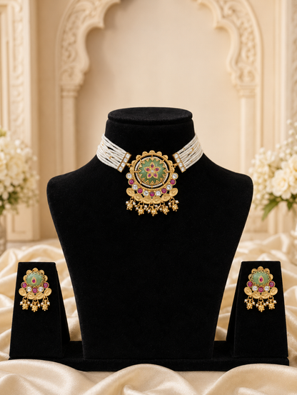 Heritage jewelry set featuring a wide multi-strand white seed pearl choker necklace supporting a large round gold medallion pendant with a textured light green center, a pink stone flower motif, and dangling gold clusters, showcased on a black velvet stand with matching drop earrings.