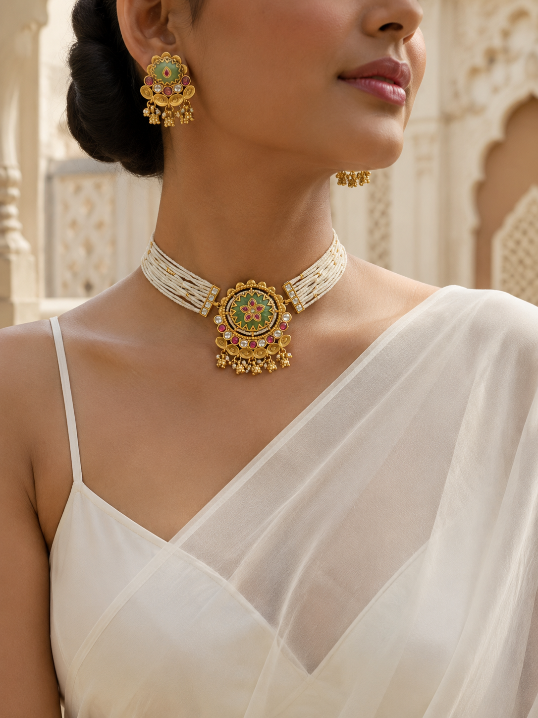 A close-up model view wearing the Shashikala traditional jewelry set, featuring a wide multi-strand white seed pearl choker necklace with a round gold medallion pendant showcasing a light green center and pink floral details, paired with matching drop earrings and a white silk saree.