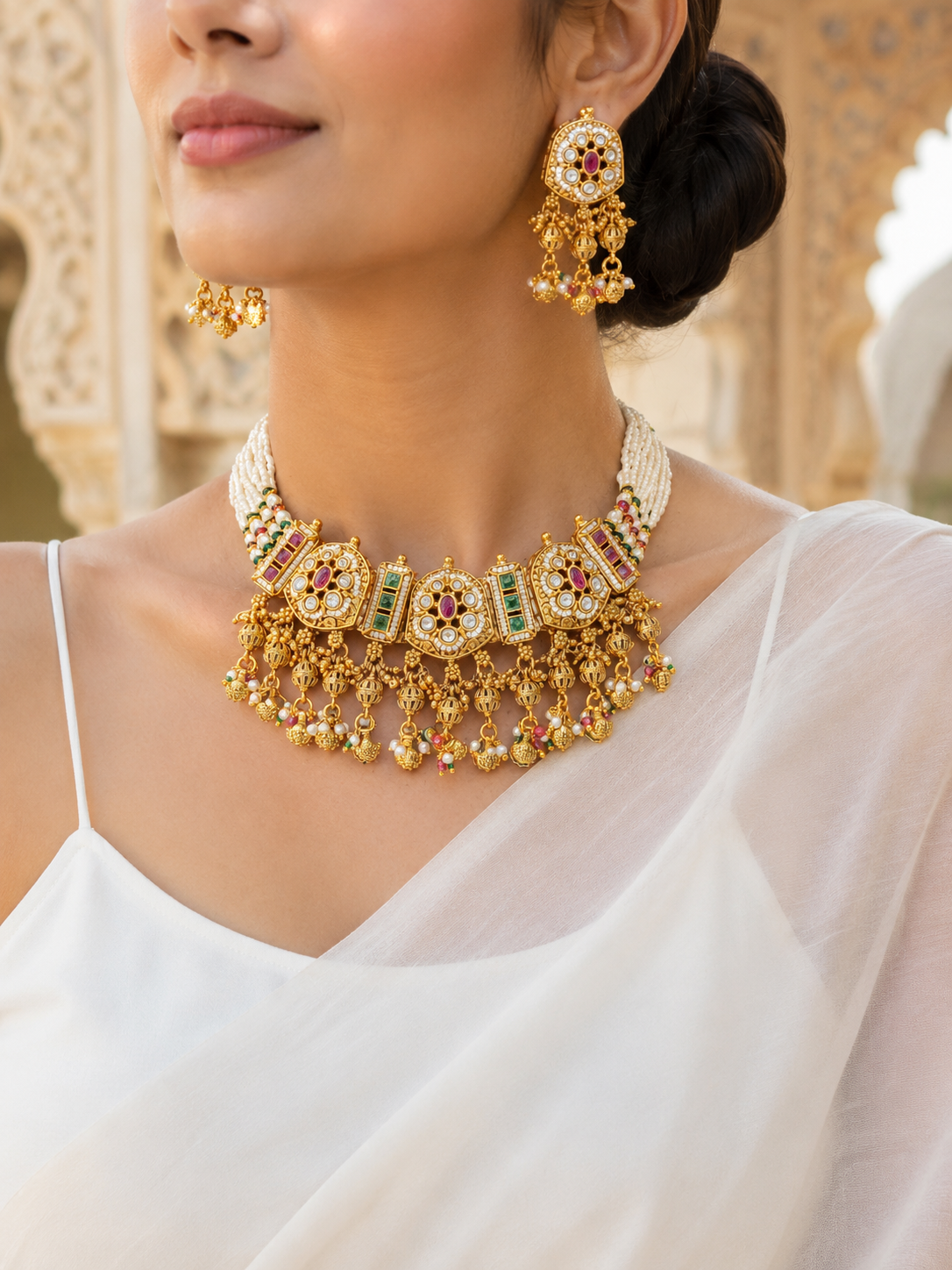 Woman wearing a gold necklace and earrings with a blurred architectural background