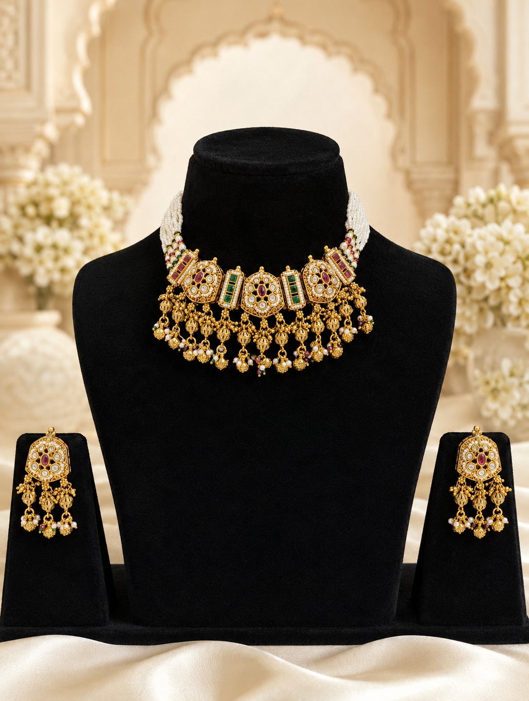 Sudhamini traditional jewelry set displaying a wide multi-strand pearl choker necklace with a heavy gold-toned panel inlaid with Kundan polki, ruby, and emerald accents and a cascading fringe of gold beads, showcased on a black velvet bust with matching dangle earrings.