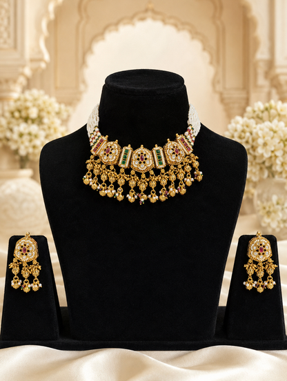 Sudhamini traditional jewelry set displaying a wide multi-strand pearl choker necklace with a heavy gold-toned panel inlaid with Kundan polki, ruby, and emerald accents and a cascading fringe of gold beads, showcased on a black velvet bust with matching dangle earrings.