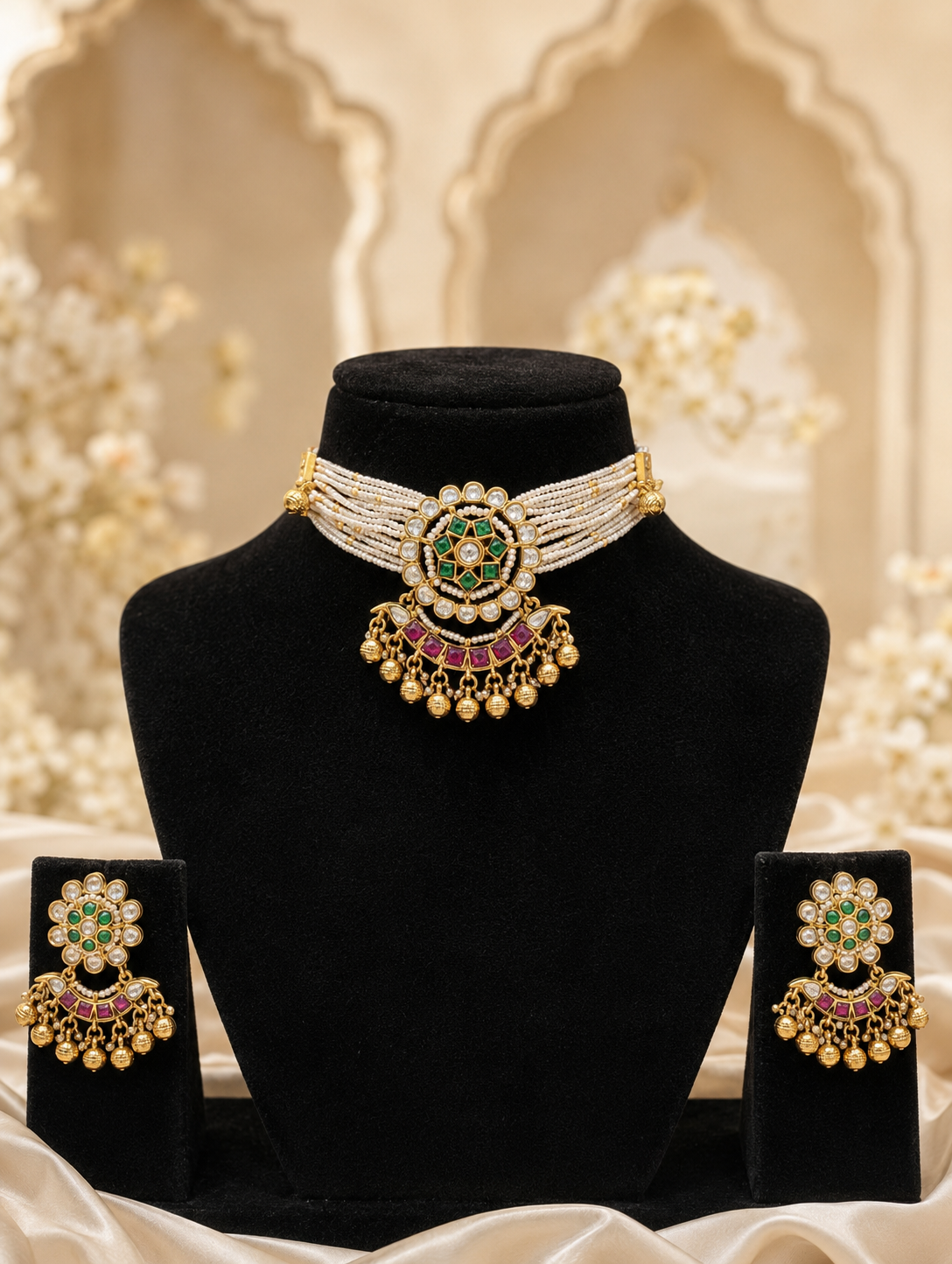 Heritage jewelry set featuring a wide multi-strand white seed pearl choker necklace supporting a round gold medallion pendant with a star-shaped green emerald center, ruby accents, and a dangling fringe of gold beads, showcased on a black velvet stand alongside matching floral drop earrings.
