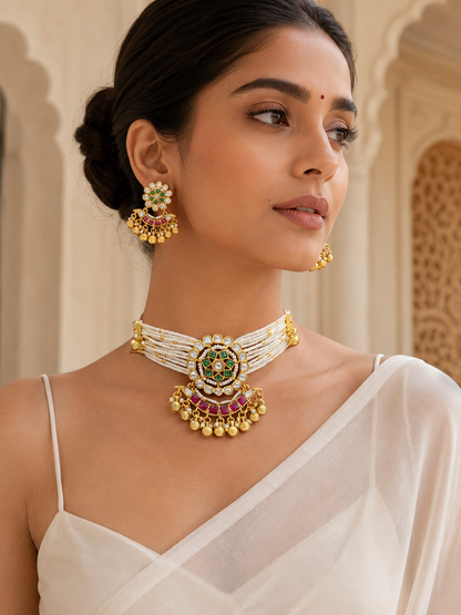 Woman wearing gold jewelry with a white background