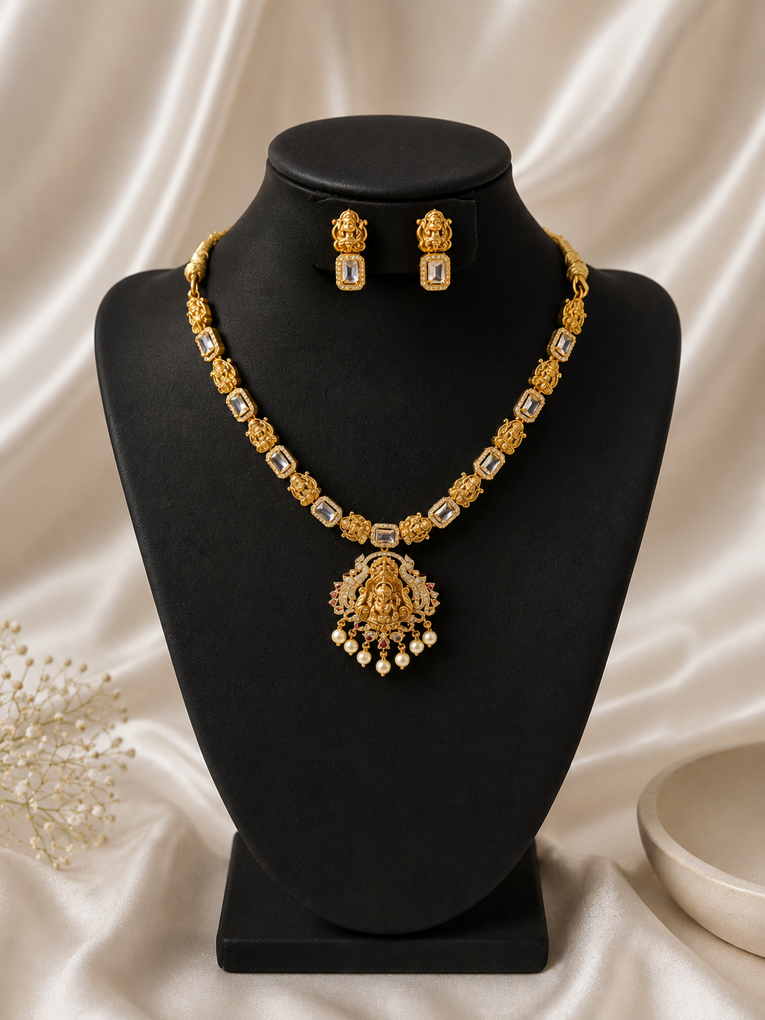 Mahalakshmi Matte Gold Lakshmi Temple Pendant Necklace