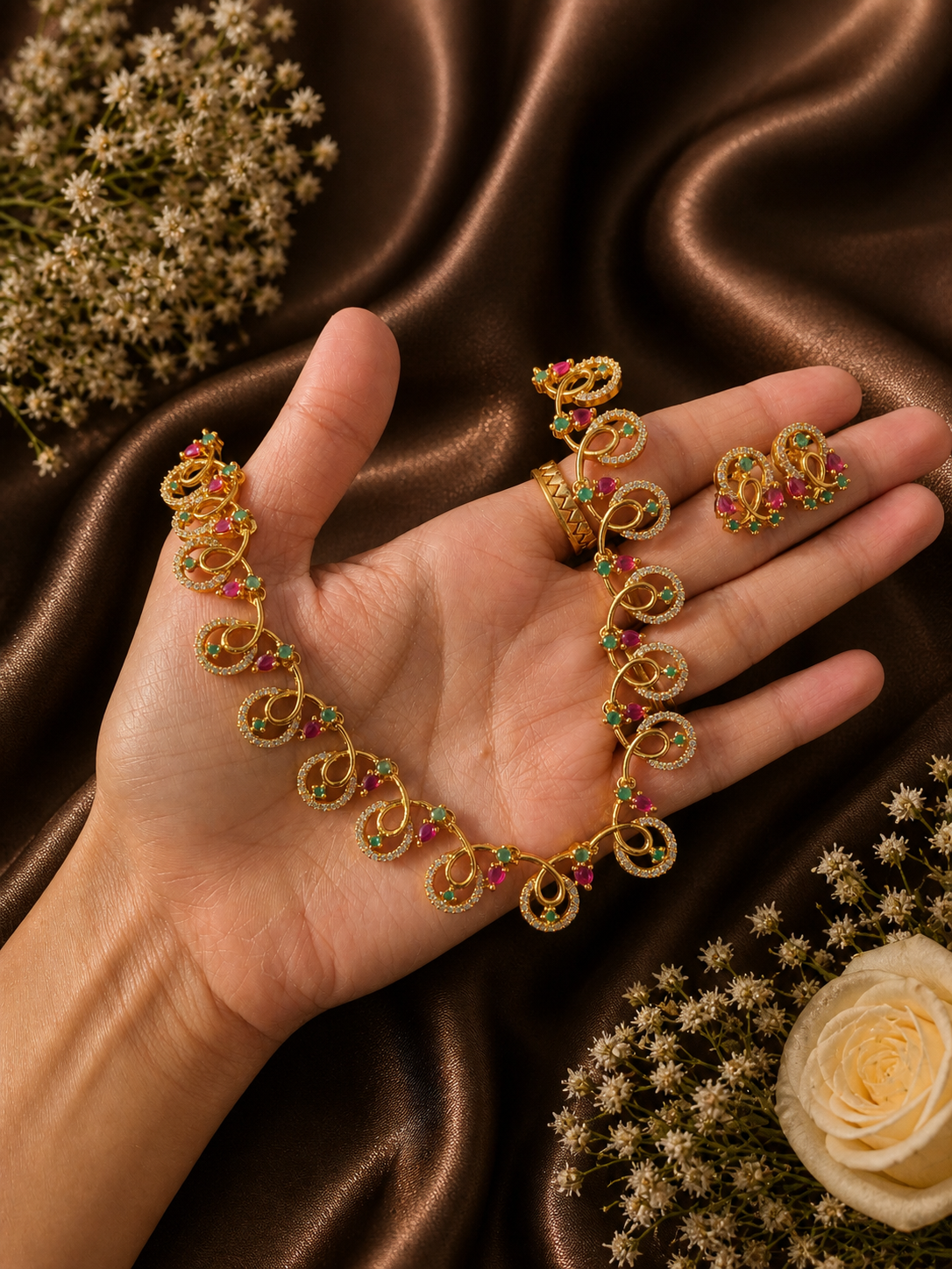 A person holding a gold-plated jewelry set featuring a necklace with a delicate wave and swirl design, studded with tiny pink rubies, green emeralds, and white CZ crystals, complete with matching small stud earrings against a brown satin fabric background.