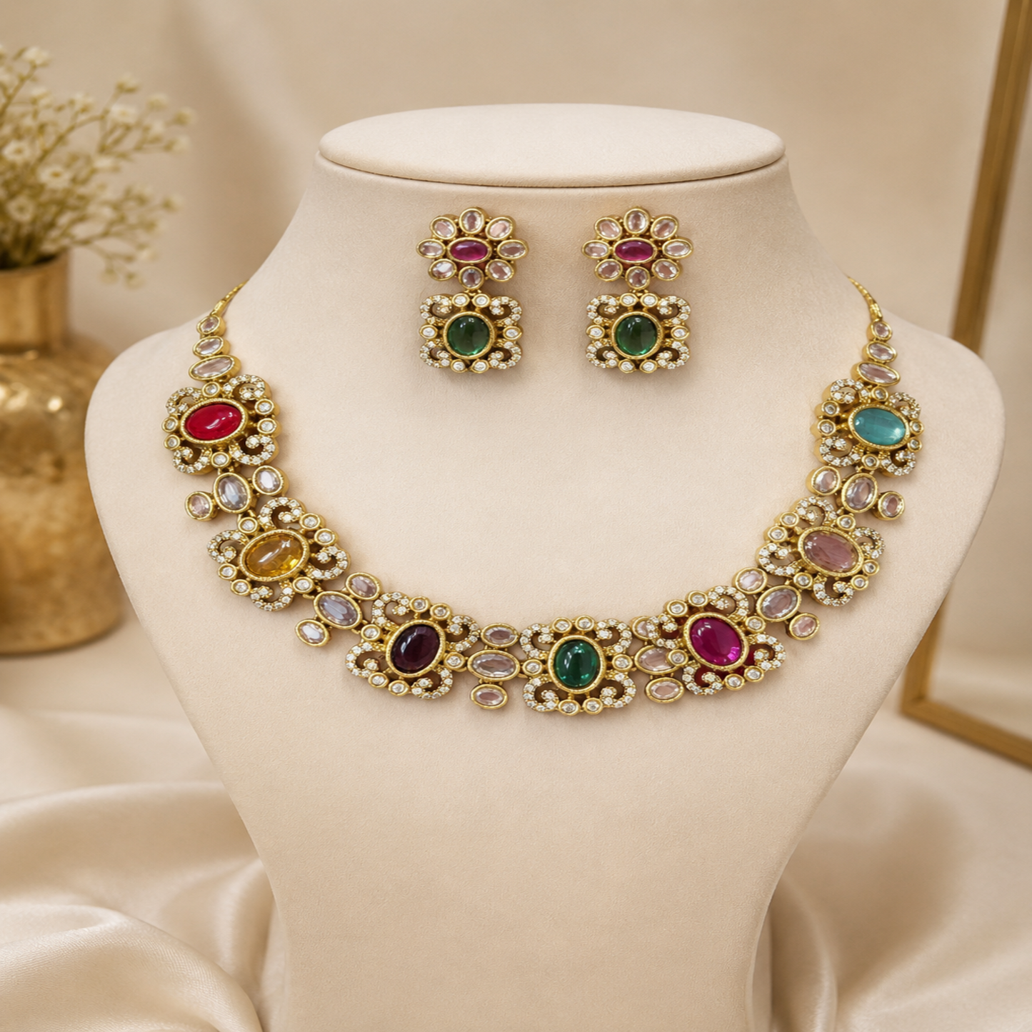 Navatara Multi Color Navaratna Style Necklace Set |  Antica Design