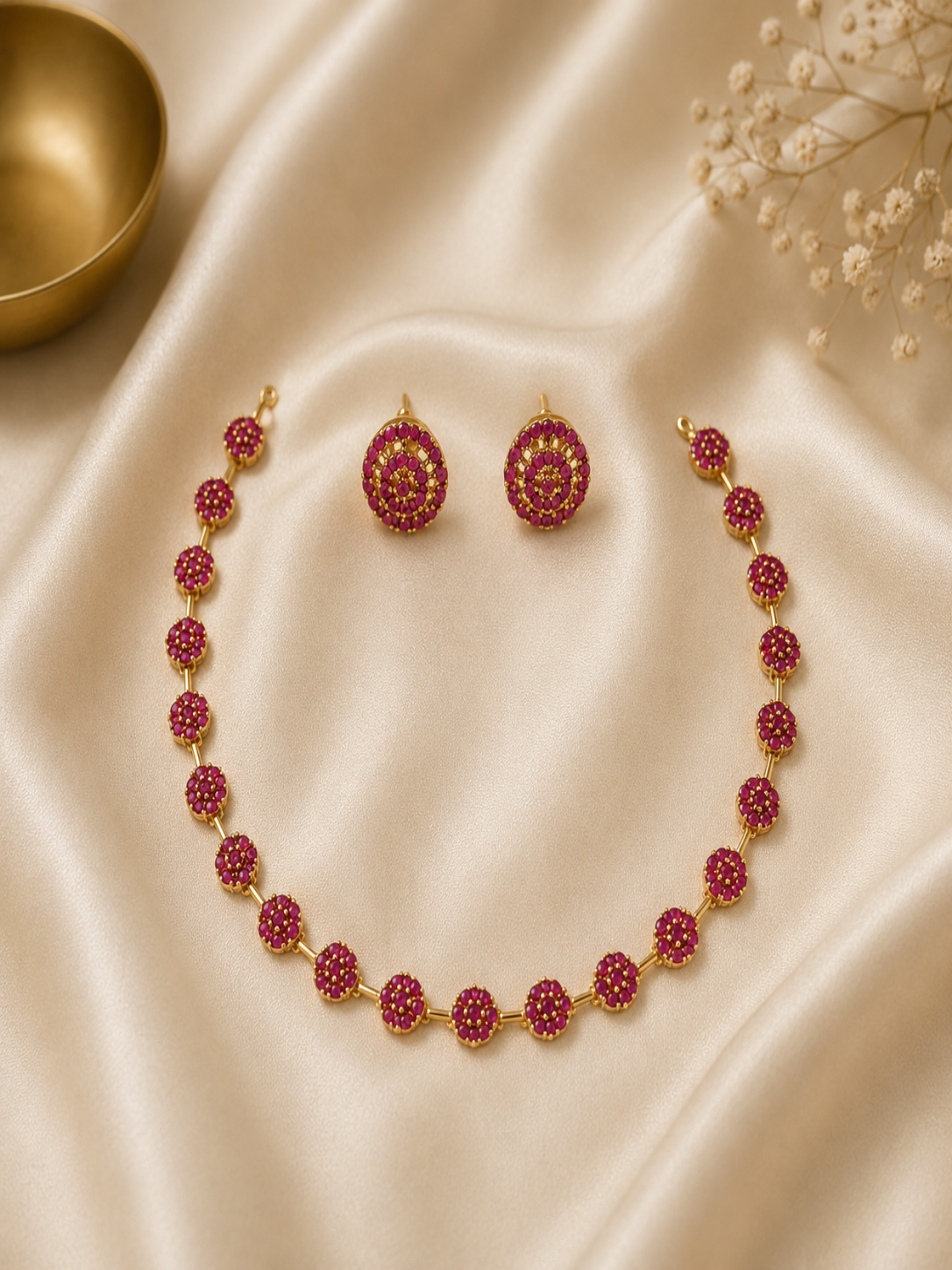 Minimalist gold-plated jewelry set featuring a flexible necklace crafted from a single row of interconnected, round floral clusters embedded with ruby red stones. The matching circular stud earrings mirror the floral design, all resting flat on smooth cream satin fabric.