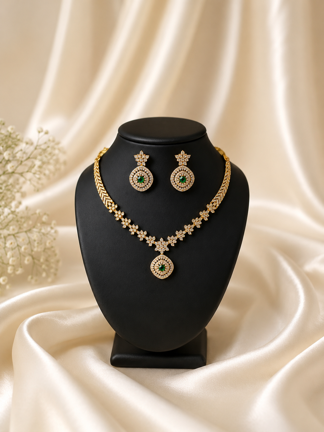 Renu Gold Diamond Replica Emerald Pendant Set