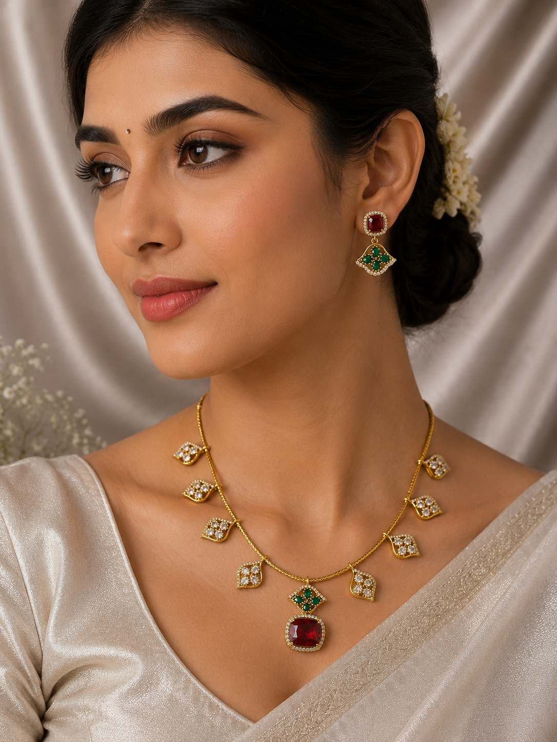 High-end gold-plated necklace set featuring a wide, flexible collar band entirely pavé-set with alternating lines of vibrant red ruby-style and deep green emerald-style gemstones. The matching teardrop earrings are centered on a premium cream satin background.