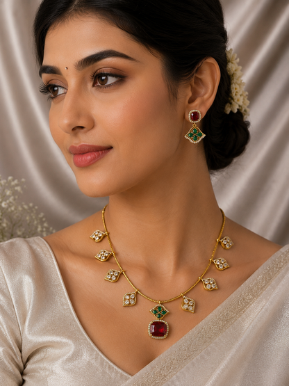 High-end gold-plated necklace set featuring a wide, flexible collar band entirely pavé-set with alternating lines of vibrant red ruby-style and deep green emerald-style gemstones. The matching teardrop earrings are centered on a premium cream satin background.