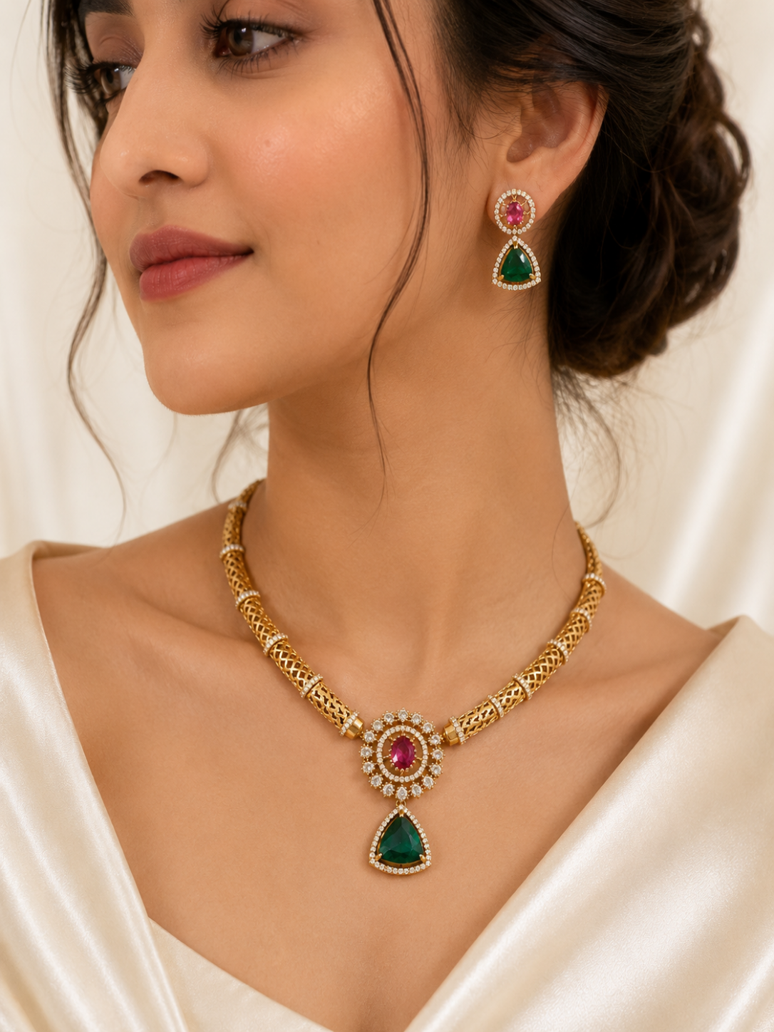 Lasya Gold Mesh Choker Emerald Ruby Pendant Set