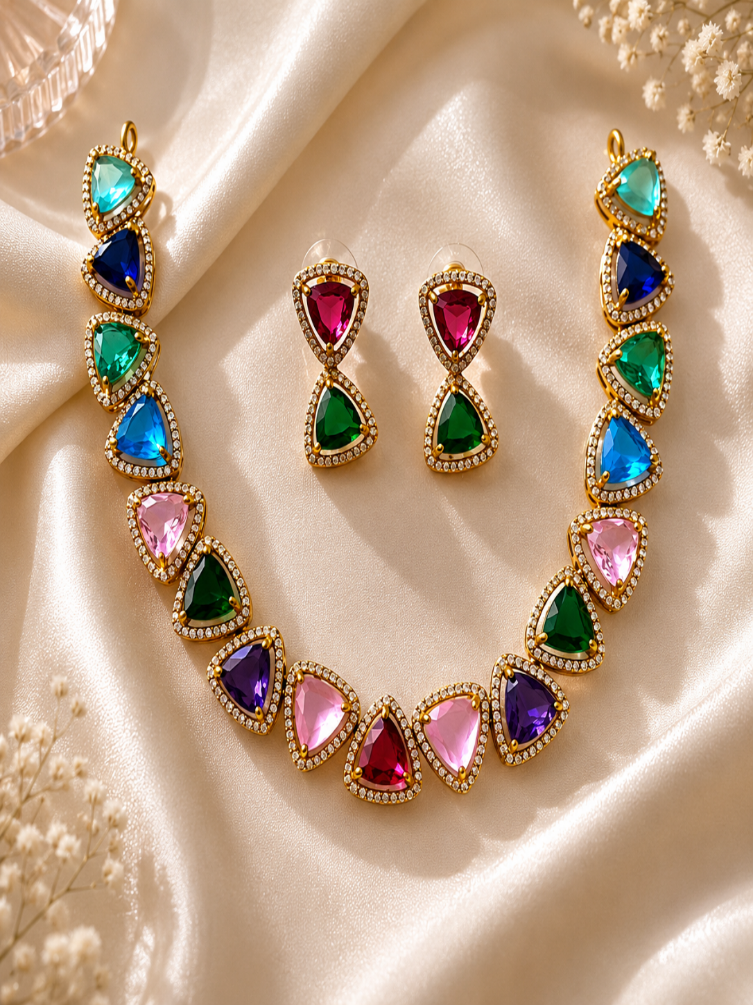 Diya geometric gold-plated choker necklace set featuring a sequence of triangle-cut multicolored gemstones with clear crystal pavé borders, displayed flat on off-white satin silk fabric with matching two-tiered earrings.