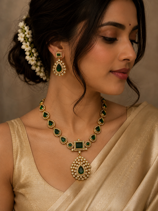 Jyothika Premium Emerald & Crystal Pendant Set