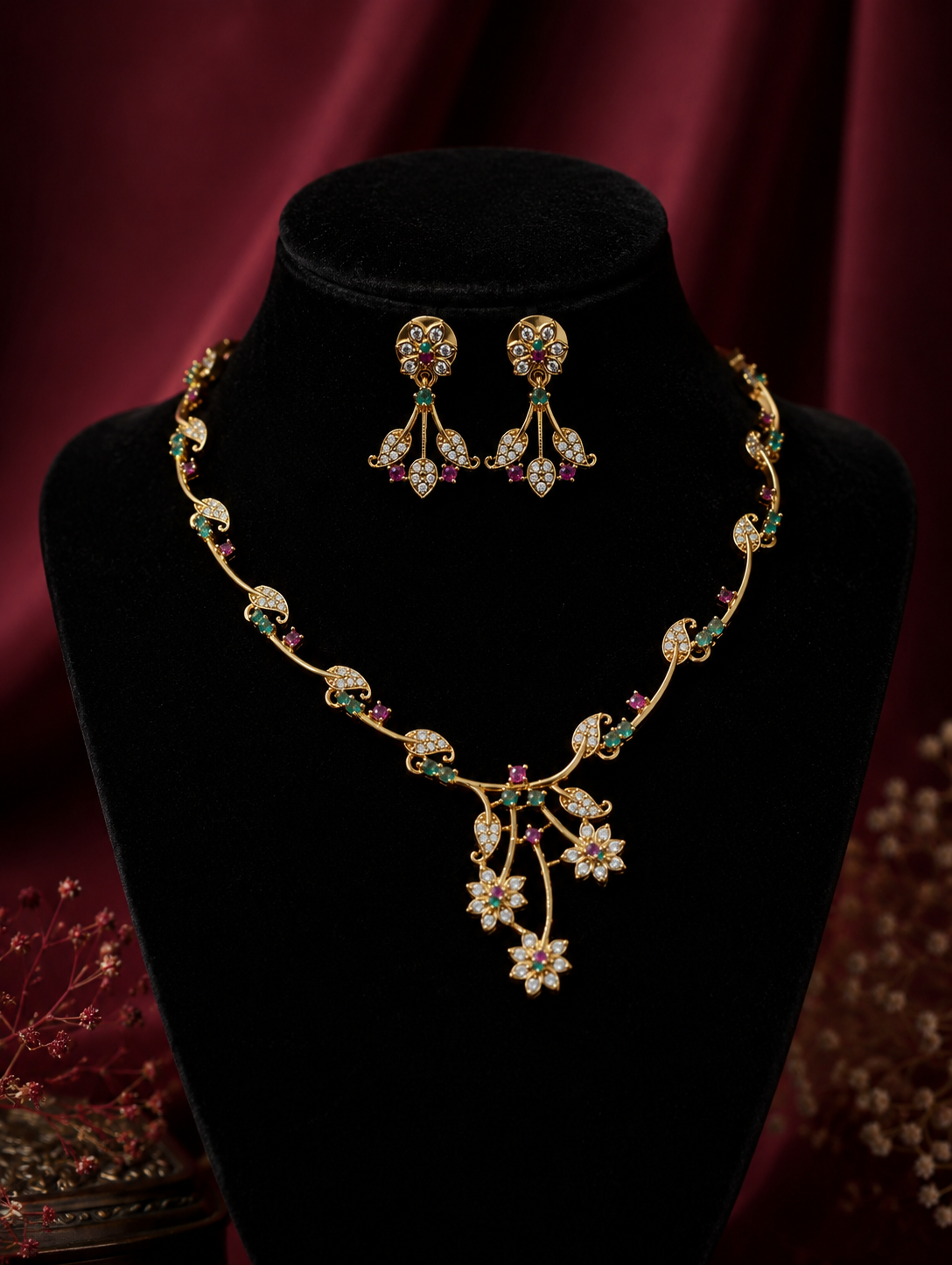 Miraya Crystal Floral Necklace Set