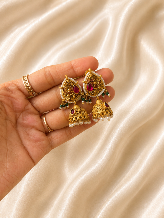 Advika Sea Green Beaded Haram Set with Jhumkas