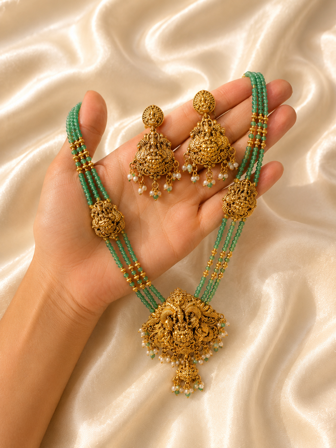 Green Bead Haram Set with Lakshmi Pendant | Antica Design