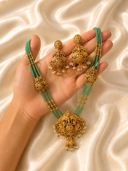 Green Bead Haram Set with Lakshmi Pendant | Antica Design
