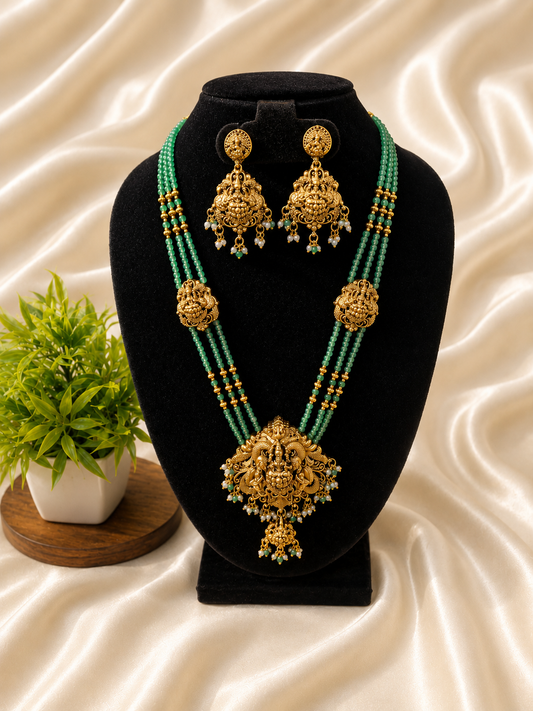 Green Bead Haram Set with Lakshmi Pendant | Antica Design