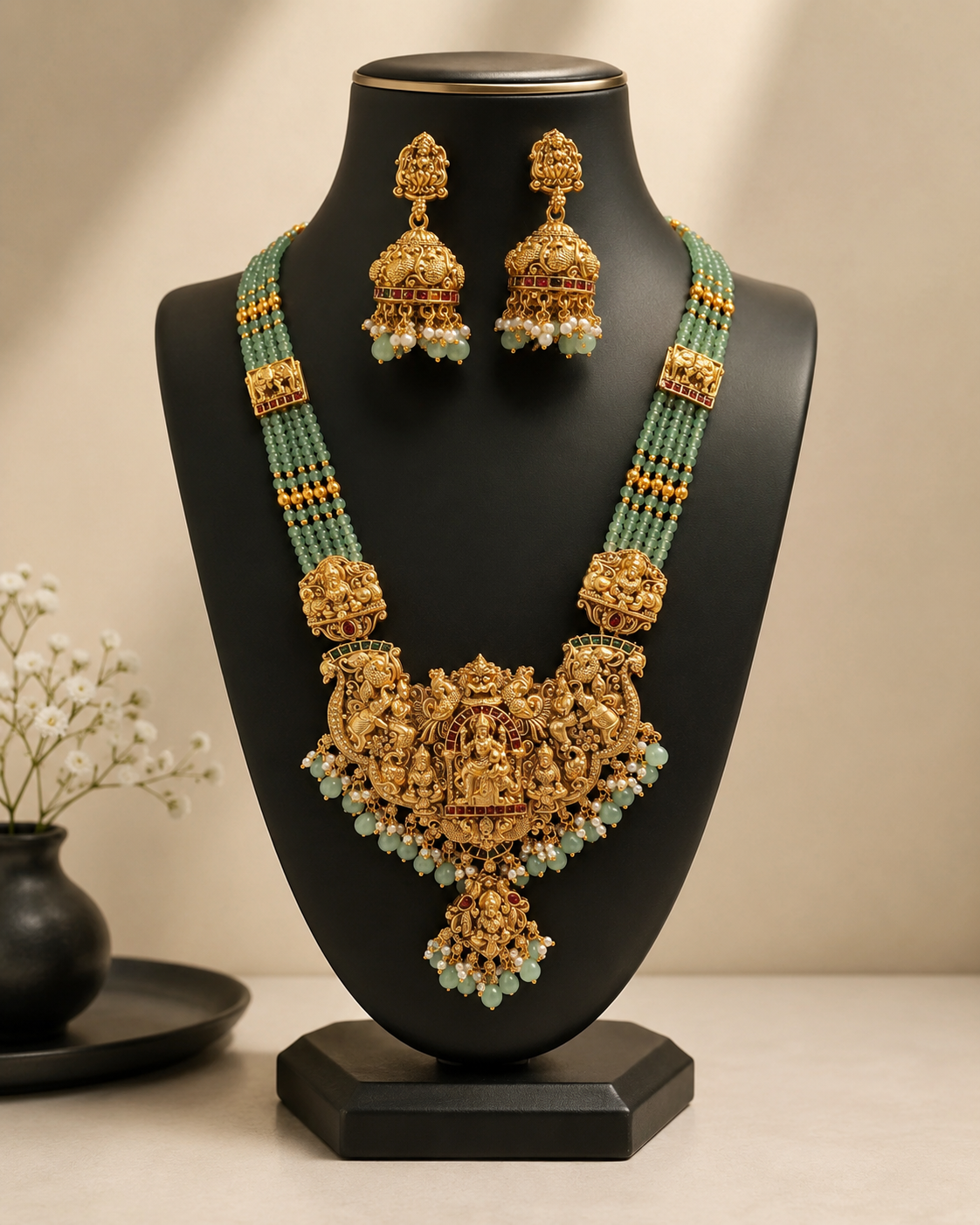 Mahadevi Antique Green Beads Temple Jewelry Set
