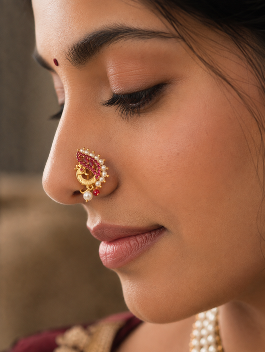 A close-up side profile of a woman wearing a gold-toned nose ring with red stones and small pearl-like accents, set against a softly blurred warm background.