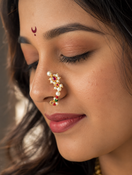 A close-up of a woman wearing a gold-toned nose ornament (hastapatti) decorated with white faux pearls, red and green stones, and a small gold nose ring, with a red tilak on her forehead.