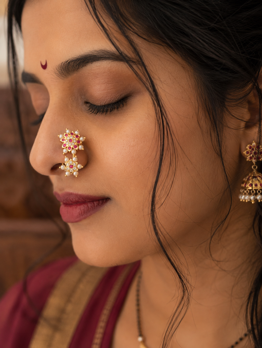 A close-up of a woman wearing a gold nose ring adorned with pink stones and white pearls, along with matching dangling earrings.