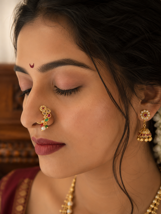 A close-up lifestyle shot of a woman wearing traditional Indian jewelry, featuring a gold-plated nose ring adorned with green and red stones, matching gold earrings, and a gold necklace.