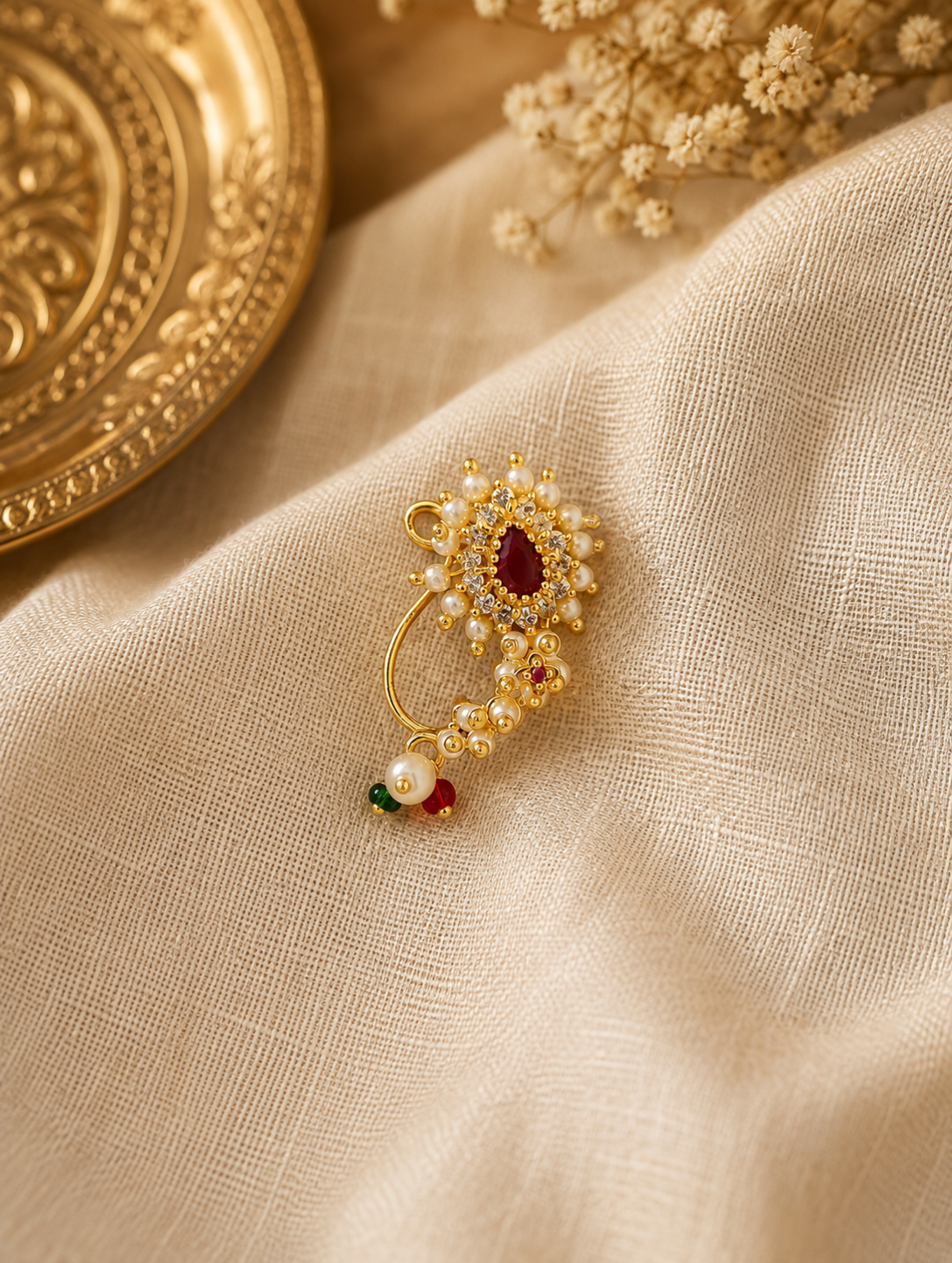 A gold-toned traditional Indian jewelry piece featuring a central red stone, surrounded by white faux pearls, with small red and green bead accents, displayed on draped beige fabric.