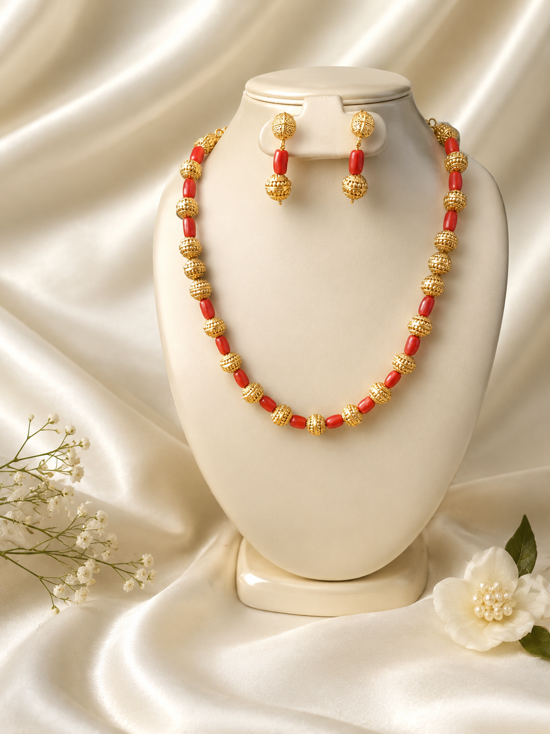 Riya Traditional Red Coral and Gold Bead Set