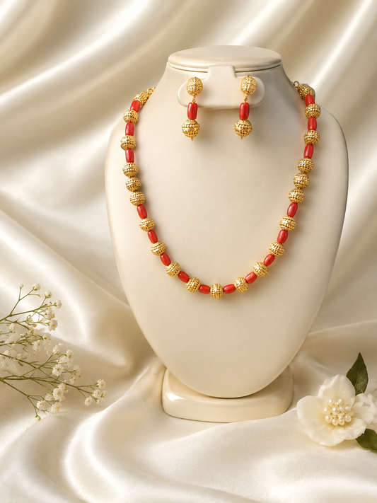 Riya Traditional Red Coral and Gold Bead Set