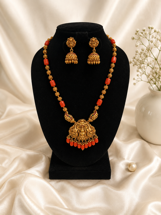 Viya Antique Coral Lakshmi Temple Pendant Set