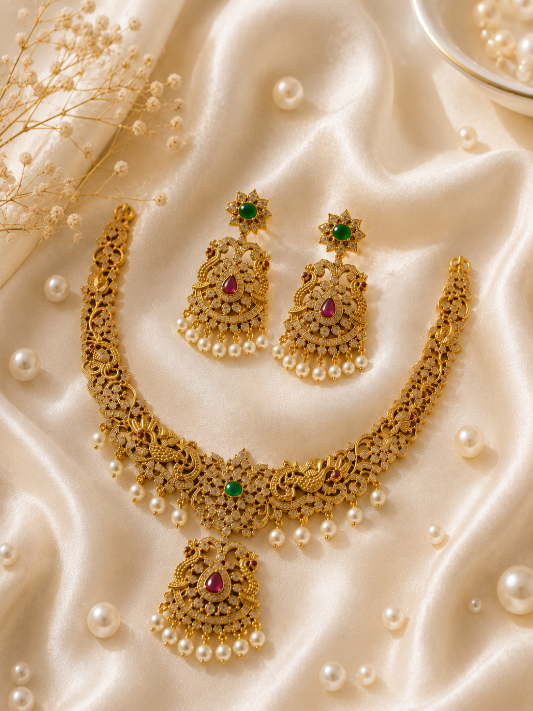 Miya Antique Gold Pearl and Stone Necklace Set