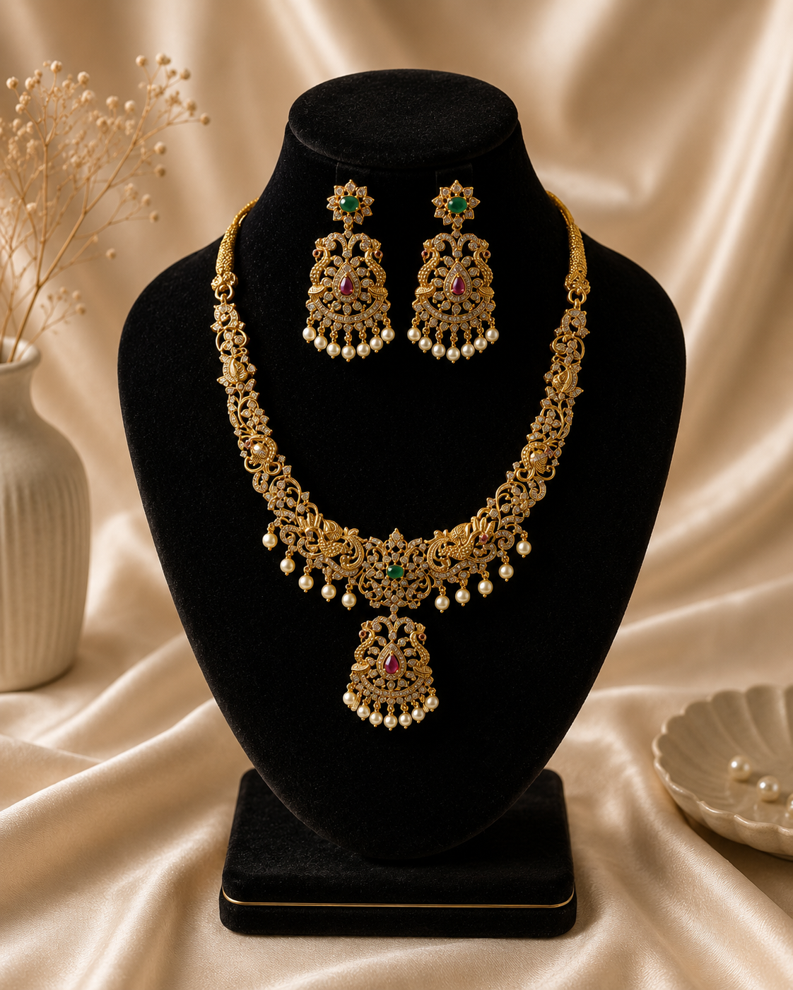 Miya Antique Gold Pearl and Stone Necklace Set