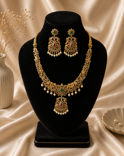 Miya Antique Gold Pearl and Stone Necklace Set