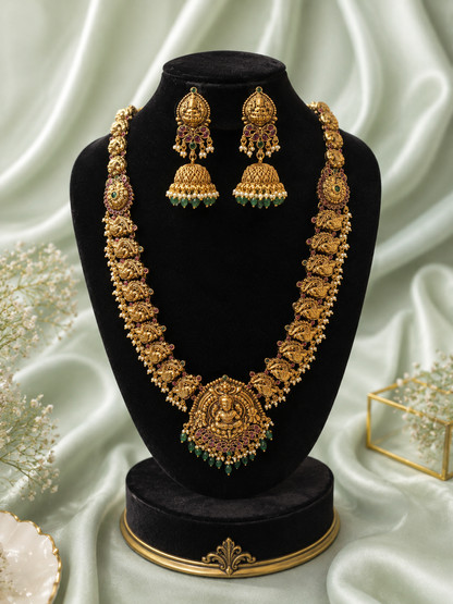 Manya Goddess Lakshmi Antique Gold Haram Set with Jhumkas