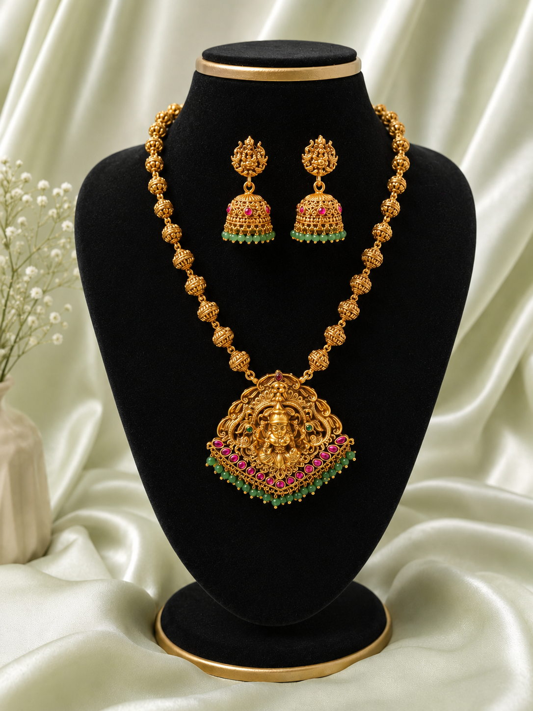Ambika Antique Gold Temple Jewelry Set with Jhumkas