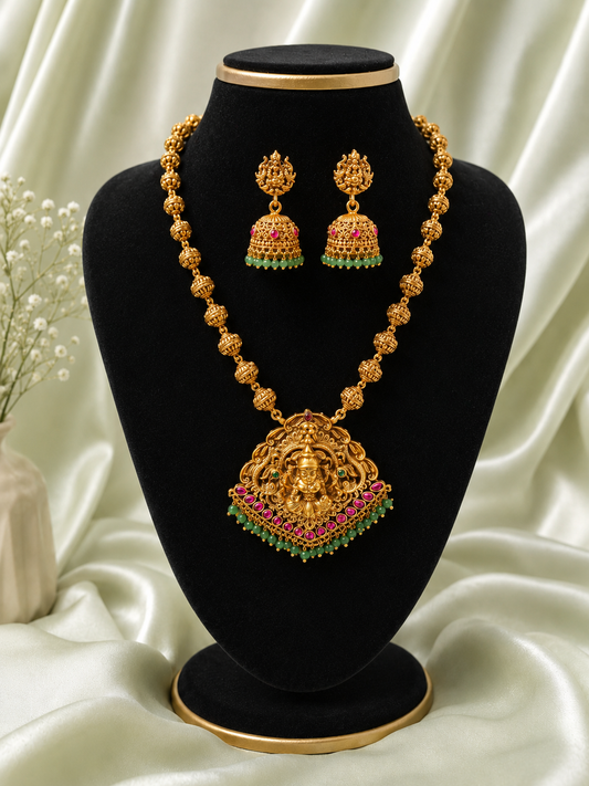 Ambika Antique Gold Temple Jewelry Set with Jhumkas