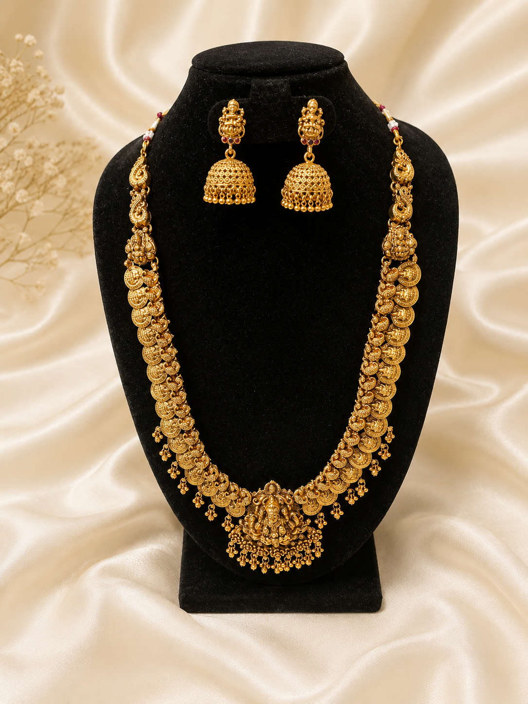 Sanvi Antique Kasu Mala Haram Set with Jhumkas