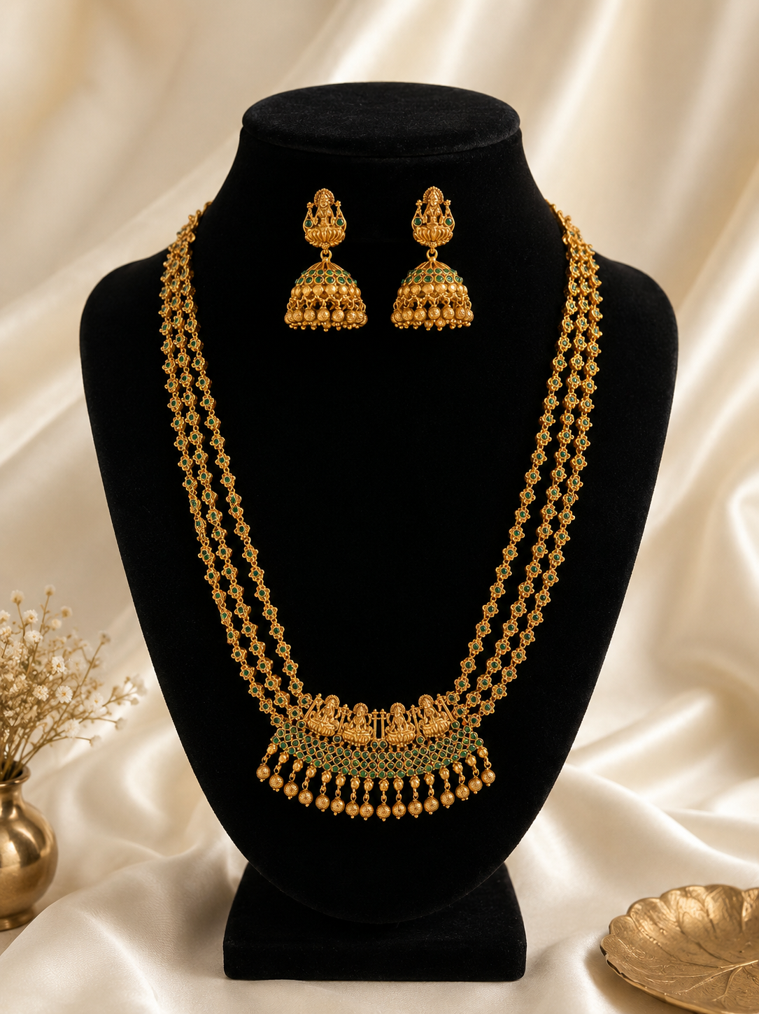 A South Indian temple jewelry set with a three-layered antique gold long necklace and matching jhumkas decorated with green stones and hanging gold beads, displayed on a black velvet mannequin bust.