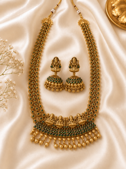 Antique Gold 3-Layer Temple Long Necklace and Jhumka Set