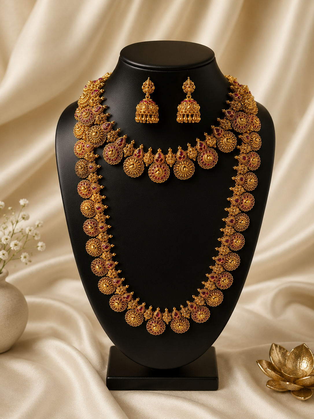 A complete South Indian bridal temple jewelry set including a short choker, a matching long haram necklace with ruby-studded circular floral motifs, and coordinating jhumka earrings on a black display stand.